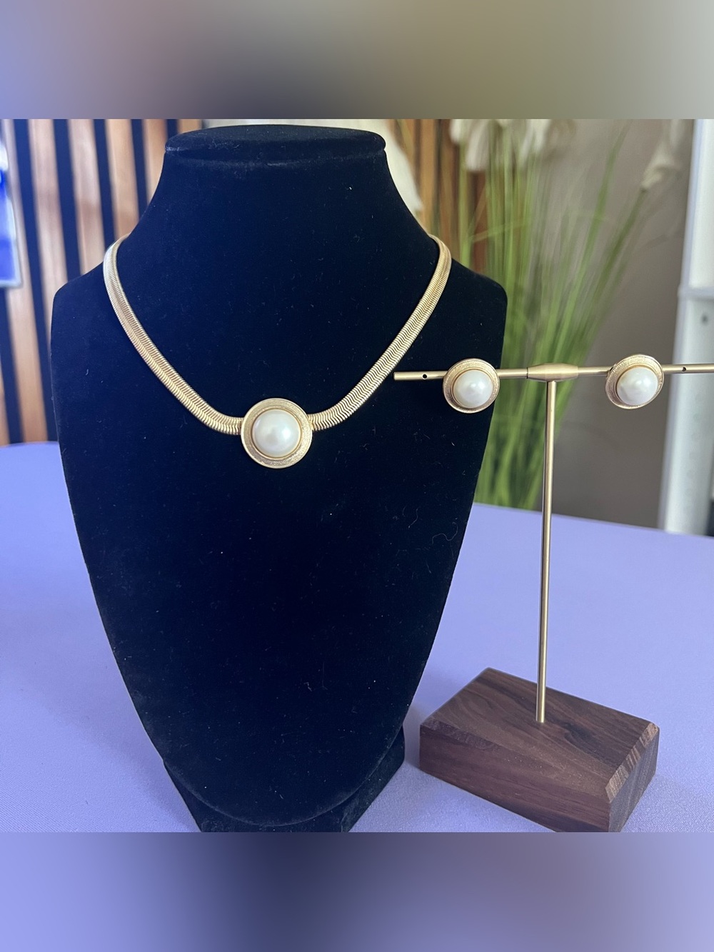 Vintage Park Lane Faux Pearl Collar Necklace Earrings Set Gold Tone 90s